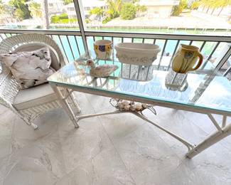 Huge collection of rustic white wicker furniture! Plus aluminum and glass outdoor tables!