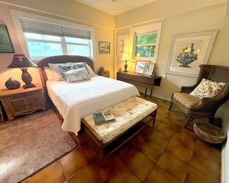 Brand new queen size mattress and frame -- check out the cane back barrel arm chair and the long drop leaf table!