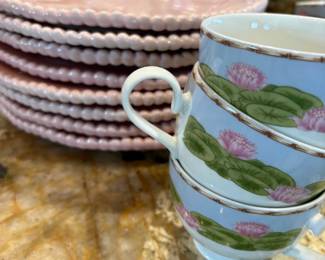 The pink plates are Mariposa, the pink and green china set is "Cloissone" by Mikasa.