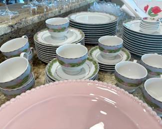 The pink plates are Mariposa, the pink and green china set is "Cloissone" by Mikasa.