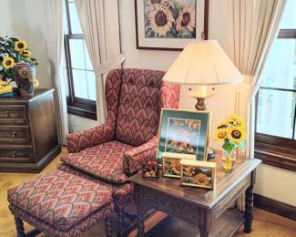 Renee Mizgala "Threes Company" Water Colour. Klingmans Wing Back Chair and Ottoman, Nell Rude Sunflower Print. Brass Lamp.