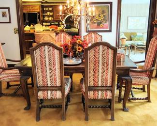 Rare Dining Room Suite by Jamestown Lounge, Jacobean-Early Renaissance Style. Heavily Carved with Barley Twist Design. This Formal Table Come with 5 Leaves.
