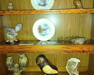 Brass Perched Owls, Inlaid Wood and Stone Owl, Drift wood Sculpture, Family Circle Collection Owl Plates, Screech Owls, Polished Stone and Enamel in the Collection.