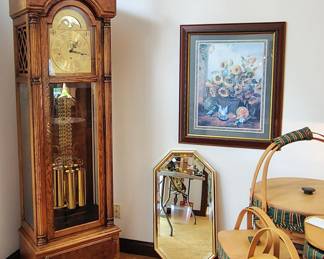 Vintage Home Interiors, Basket of Sunflowers Print. Howard Miller Grandfather Clock, Vintage Brass Octagonal Mirror.