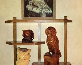 3D Shadow Box Owl, Carved Wood Owls, 1986 Signed, Raya Owl, Leather Owl, by Walt 1997