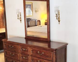 Hickory and White King Size Bedroom Suite. Frame, Night Stands and Dresser.