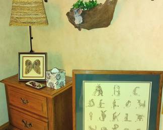 Brazilian Butterfly Art, Charter Oak, Nightstand by Lexington. Mike Monroe, signed animal behaviour art.