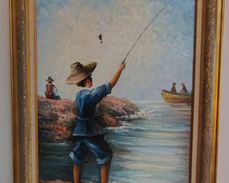 P. Pontino Contemporary Oil Painting. Boy Fishing