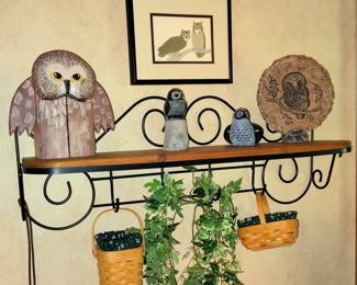 Sri Lanka Owl Box, Carved Stone Owl, Clay Sculpture with Stand Made with Mt Saint Hellens Ash. 1998 and 2000 Woven Traditions Green Small Baskets. Longaberger Wood and Wrought Iron Shelf.