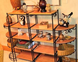 Shanghai Handicrafts Wicker Owl Basket, Maple Burl Pot, Rabbit Fur Owl, Glass Owl Lamp, Wood Vase Sieverville, TN. Longaberger Corner Baskets and Shelves.