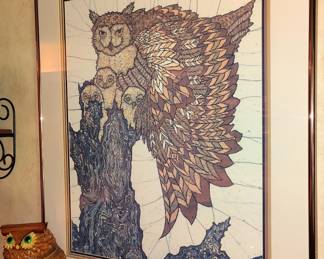 Batik Wall Art, Owl and Owlets on Silk, Signed by Artist.