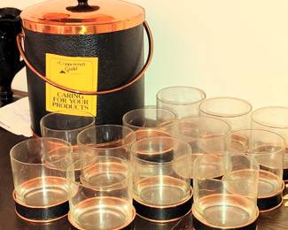 Vintage Copper Ice Buckets and Matching Rocks Glasses..Faux Leather Band.