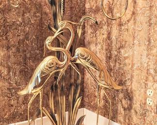 Vintage Brass Crane with Reeds, Wood Base Sculpture