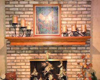 Great Horned Owl, Wild Life Tourist Painting. Longaberger Birch Bark Candles and Holders, Pine Needle Owl Basket.
