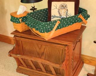 Longaberger Woven Traditions Tissue Box, Large Basket. Oak Magazine Holder Side Table.