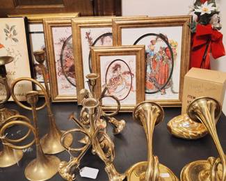Triple Horn Brass Candlesticks, Trumpet Horn Wall Sconce Set, Vintage Brass Horn Candle Holder Sets. Peggy Abrams Glitter Gilded Prints.  