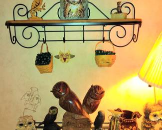 Longaberger mini baskets, Longaberger Wood and Wrought Iron Shelf, Pottery Owl, Metal Owl, Mid-Mod Teakwood Owl Sculpture.