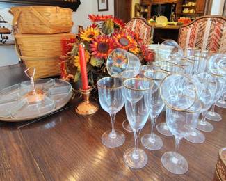 Copper Rimmed Stemware, Relish Tray and Candlesticks