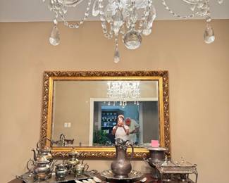 Italian Buffet with Silver Service Pieces & Ornate Gold Mirror
