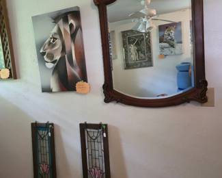 Canvas Art, Stained Glass Panels, Vtg Mirror