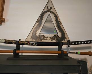 Walking Stick with Hidden Sabre, Dragon Mirror & Samurai Sword. (1 Samurai Swords Available-One Black, One Red)