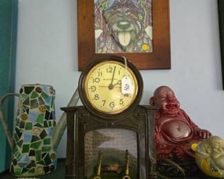 VTG Clock with Working Fireplace Accent, Buddah, Mosiac Pitcher, Art