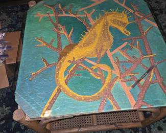 Hand Painted, Rattan Accent Table