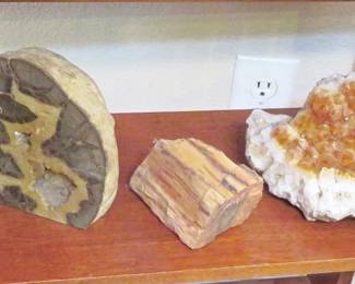 Dragon stone geodes, petrified wood, citrine quartz crystal