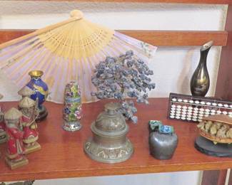 Cloisonne, sodalite gemstone tree, Japanese carved clam shell