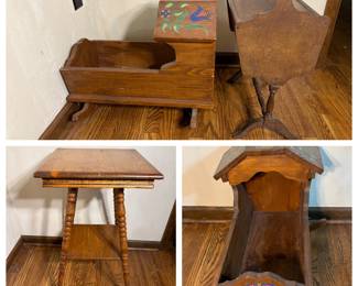 Wooden Cradle, Plant Stand, and Side Table A three-piece wood lot shown from multiple angles: a wooden cradle with shaped sides and a painted decorative panel at the head, a small plant stand with a triangular top on turned legs, and a square side table with turned legs and a lower shelf. All three show honest finish wear. The cradle is the standout of the group.