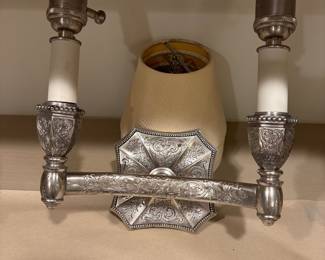 $2400. Pair of antique silver over brass wall sconces. Approx. 9"h x 9.25"w x 4.5"deep. 60 watt max socket. Originally $4800.