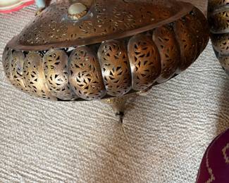 $360 each. Two Moroccan brass chandeliers . Alberto Pinto Moorish style. 18"diameter by 20"h.