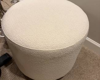$380. Restoration Hardware "Cooper" round stool with a custom swivel. Ivory/cream bouclé. 21" diam. x 18"h.