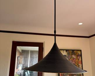 Black tulip shape hanging lamp. 21.5" diam. with 36"drop as hung.