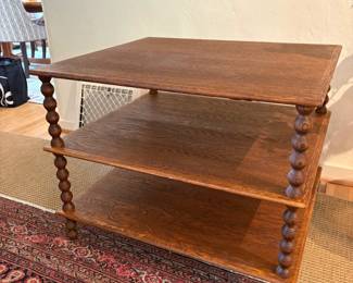 $850. Alfred Newall English medium oak bobbin table. 32 inches wide by 28 inches deep by 24.5 inches high.