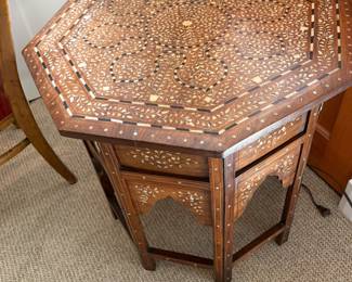 $600. Octagonal Indian bone inlay side table. 24 inches diameter by 24 inches high.