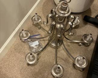 $1600. French Art Deco 8 light chandelier with nickel finish. 26"w x 29" diameter. Originally $4368.
