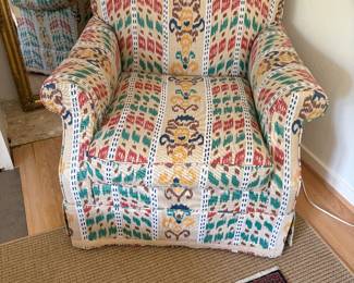 $1800. Ikat Linen upholstered swivel armchair by Molly Skok. 37" x 37" x 28"h.