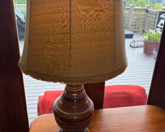 $1400. Striped Italian lamp ca 1960 purple, pink and yellow ceramic lamp with gilt trim. 8" diam. x 35"h