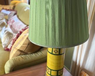 $600. Yellow and green glazed, ceramic and glass mcm lamp by Raymor. Shade is in Christopher Hyland electric green apple with strata gimp trim in tea leaf. 15 inch diameter by 32 inches to the top of the finial.