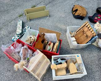 wood shelfs and crafting supplies