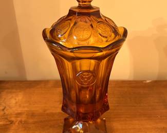 Fostoria Amber Coin Glass Covered Dish 13"