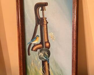 Signed Original Artwork of Bluebirds & Pump