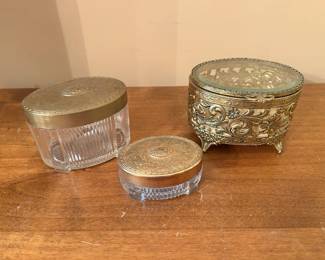 Vintage Casket Box & Two Ribbed Glass Jars w/Intricate Metal Tops