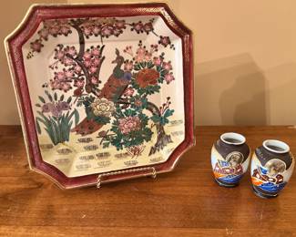 Peacock Dish and Satsuma Mini Vases - Japan