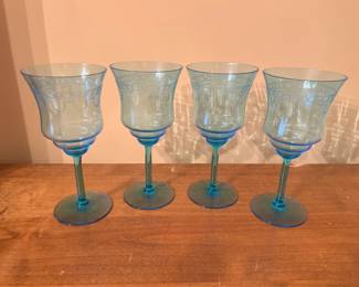 Blue Etched Crystal Wine/Water Glasses