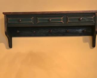 Wall Mount Wooden Shelf w/Pegs & 3 Drawers 32x12x7.5