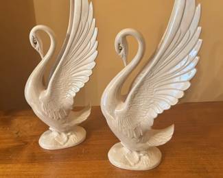 2 Hand Painted Ceramic Swans 13.5"