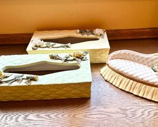 Three Hand Painted Ceramic Pieces, Tissue Box Holders & Sofa Trinket Box