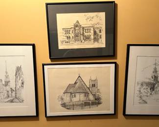 Lot of 4 Framed Pencil Drawing Prints, Signed